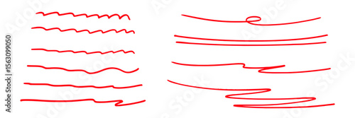 Set of red felt tip pen or marker underscore lines. Handdrawn scribble pen strokes. Memo note highlight. Handwritten underline accent element. Vector illustration.