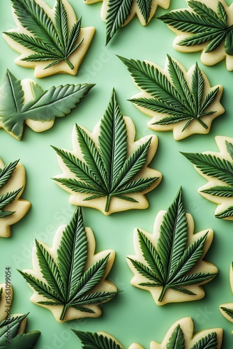 Wallpaper Mural Colorful cannabis leaf cookies arranged on a vibrant green background, showcasing intricate designs and textures, perfect for a themed celebration or event. Torontodigital.ca