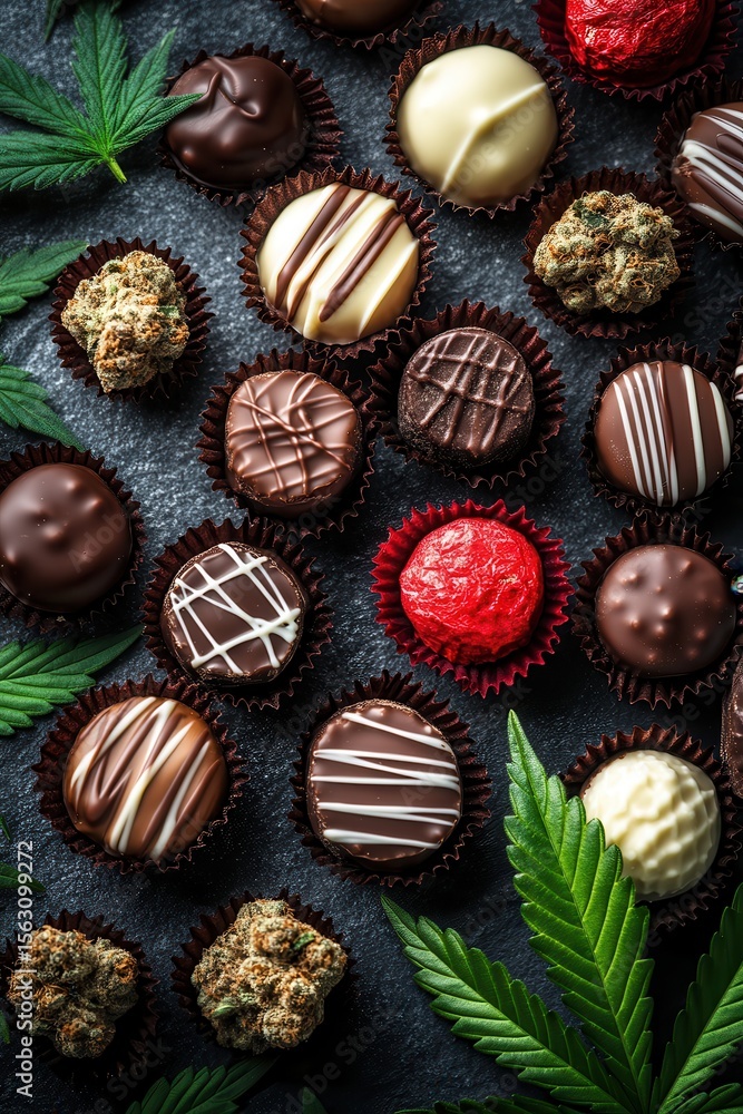 An assortment of gourmet chocolate candies featuring infused options, beautifully arranged with cannabis leaves, showcasing a blend of rich colors and textures in a stylish setting. An assortment of gourmet chocolate candies featuring infused options, beautifully arranged with cannabis leaves, showcasing a blend of rich colors and textures in a stylish setting.