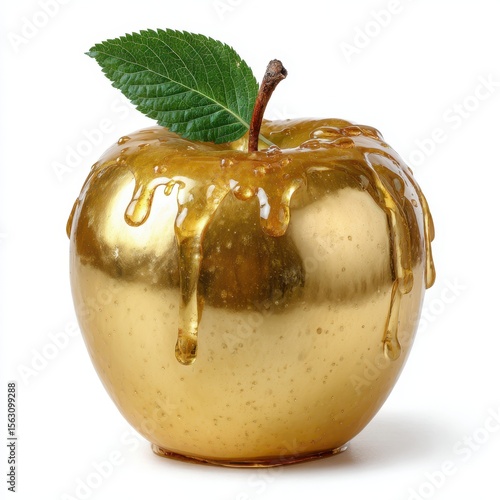Golden apple covered in dripping honey with a single green leaf isolated on white background