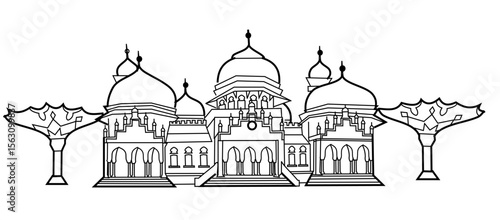 CIMAHI, INDONESIA-July 03, 2025-Line Art of Baiturrahman Mosque from Aceh, Indonesia. Vector graphic design cartoon building illustration for collection, poster,background,wallpaper,sticker.