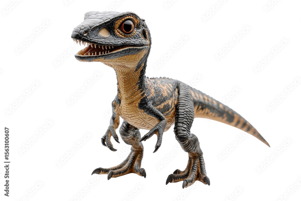 Obraz premium A standing Velociraptor, isolate on white background, showcasing its agility and fierce appearance. PNG