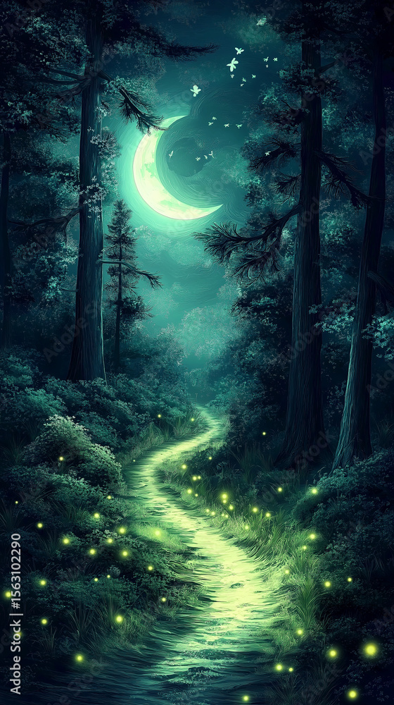 Obraz premium Enchanted forest path glowing with fireflies under crescent moon