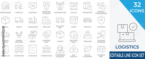 A modern thin line icon collection featuring delivery trucks, warehouses, packaging, and route planning tools. Perfect for logistics, freight forwarding, supply chain, and transport applications.