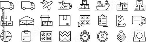 Logistics and Delivery Icons Including Trucks, Cargo, Airplane, Ship, Warehouse, Tracking, and Time Management