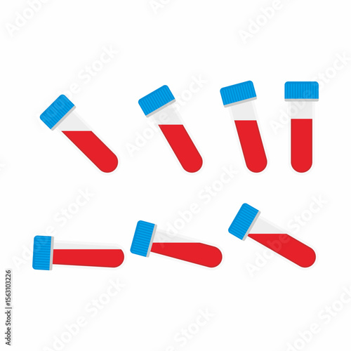 Set of blood sample tubes in several tilted poses with the flatness of the fluid contents.
