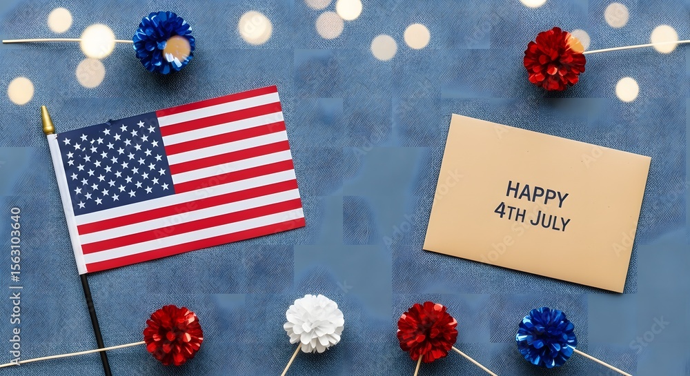 Obraz premium Fourth of July American Flag Celebration with Red White Blue Decorations and Holiday Card