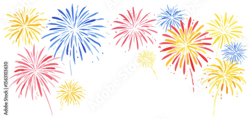 夏の花火の鮮やかな水彩イラスト 夏祭り/ 花火大会