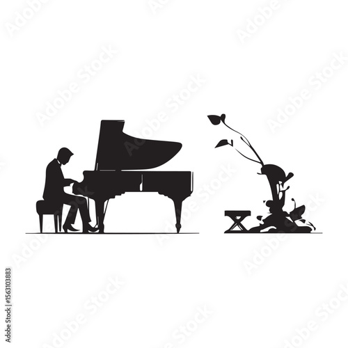 Man Playing Grand Piano Silhouette Vector