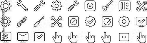 Tools and User Interface Control Icons Featuring Wrenches, Gears, Toggles, Cursors, and Display Panels in Line Style