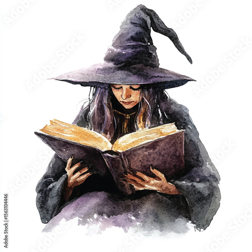 Watercolor Witch Reading Spellbook Wearing Pointed Hat Focused and Intrigued