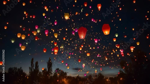 Sky filled with colorful sky lanterns at night