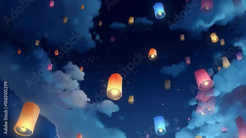 Colorful sky lanterns floating in the night sky