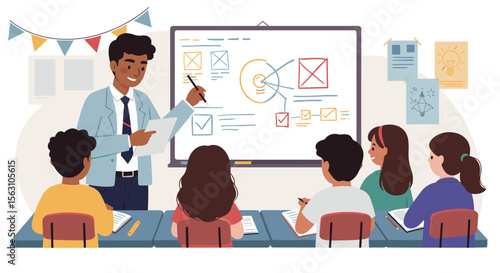 Classroom learning vector illustration: teacher explaining concepts to engaged students for educational content design