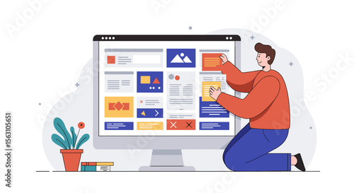 Website development concept with designer at computer screen - flat vector illustration for digital design and web projects