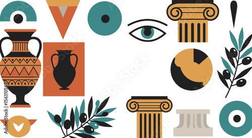 Ancient greek inspired vector illustration for design featuring amphorae and olive branches