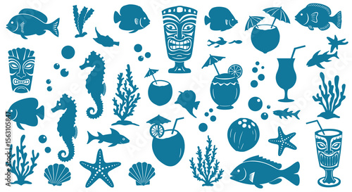 Tropical tiki bar and ocean creatures vector illustration design for summer party decor
