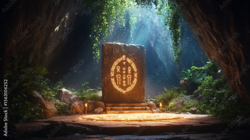 Obraz premium A canyon with floating runes and ancient symbols