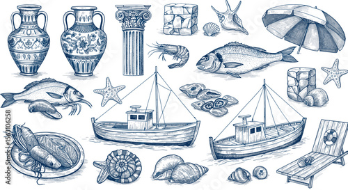 Nautical and seafood theme vector illustration with boats and marine objects for design