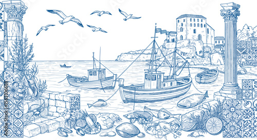 Mediterranean seaside scene with fishing boats and roman ruins in blue tones vector illustration for design and print