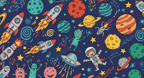 Space adventure vector illustration with rockets, planets, and aliens in cartoon style for kids' design