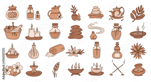 Spa and wellness elements in flat style vector illustration: aromatherapy, candles, and essential oils for relaxation and tranquility design
