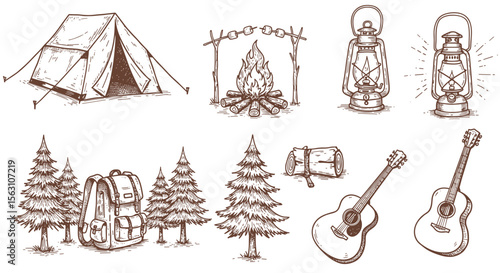 Camping adventure vector illustration with tent, campfire, lanterns, and acoustic guitars in hand-drawn style for outdoor posters or cards