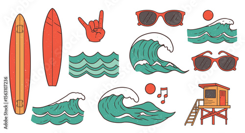 Surfing adventure vector illustration with waves, sunglasses, and beach elements for summer designs