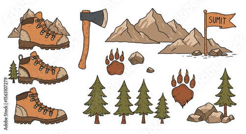 Hiking adventure vector illustration with boots, mountains, and trees – perfect for outdoor themed designs