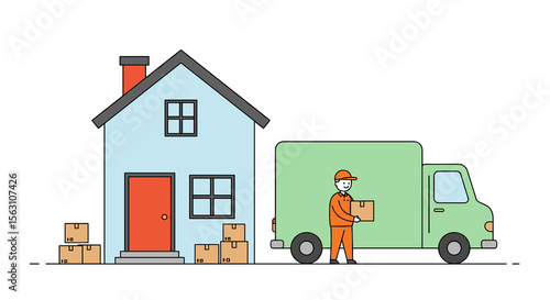 Moving house concept with delivery truck and worker vector illustration in flat style