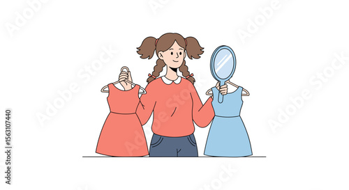 Shopping choice: young woman deciding between dresses, vector illustration for fashion and retail design