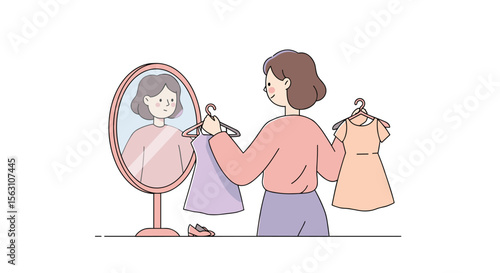 Fashion choice decision vector illustration - woman choosing outfit in front of mirror for design, poster, card