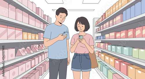 Young couple shopping in supermarket aisle with smartphones vector illustration for retail and shopping design