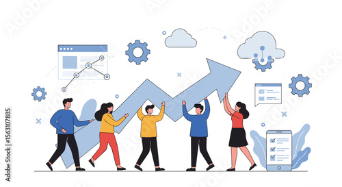 Business growth teamwork with arrow and strategy elements vector illustration for design