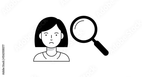 Monochrome vector illustration of pensive woman with magnifying glass for search and discovery concepts