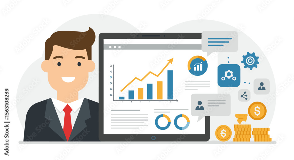 Business growth concept with graphs and charts vector illustration for marketing and finance design Business growth concept with graphs and charts vector illustration for marketing and finance design