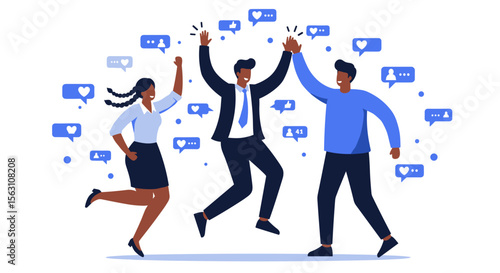 Teamwork and social media engagement vector illustration for business success concepts