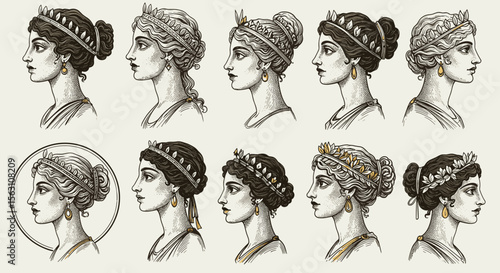 Classical greek women portraits vector illustration in vintage style for art and design projects