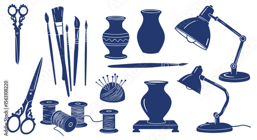 Art and craft supplies vector illustration featuring brushes, scissors, vases, yarn, and lamps design for creative projects