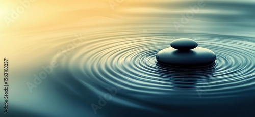 A serene image of stacked black stones resting on calm water, with gentle ripples emanating outward, creating a peaceful and meditative atmosphere bathed in warm golden light.
