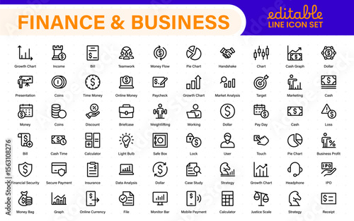 Finance and business line icons collection. Big UI icon set in a flat design. Thin outline icons pack.