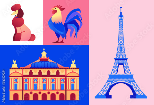 French landmarks and symbols - set of flat design style objects