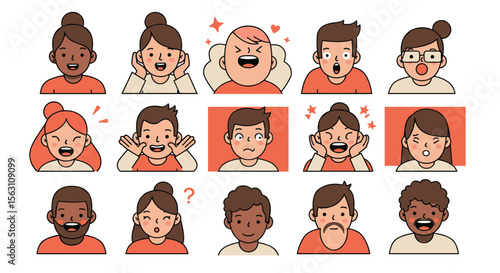 Diverse expression set vector illustration for character design and emotion recognition in flat style