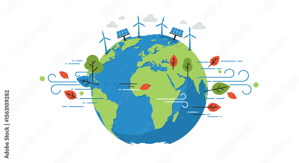 Fototapeta premium Eco friendly vector illustration with renewable energy elements and sustainability concepts