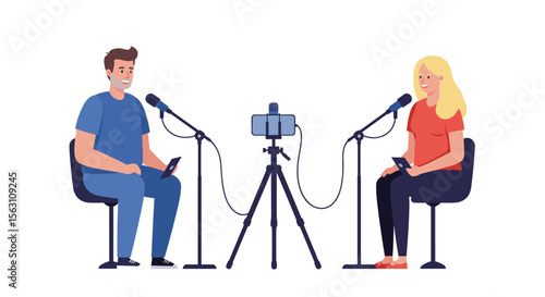 Podcast recording session with two hosts and microphones in flat vector illustration style for digital media content design