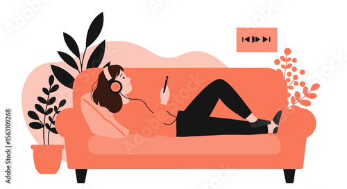 Cozy relaxation at home vector illustration – girl relaxing on couch with headphones listening to music