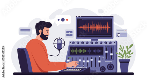 Podcast production studio vector illustration - modern flat style design for audio content creators
