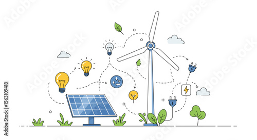 Sustainable energy sources vector illustration featuring wind turbine and solar panel in flat style