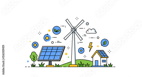 Sustainable energy sources vector illustration: solar panel and wind turbine concept in flat style