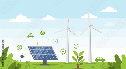 Eco-friendly energy sources vector illustration with wind turbines and solar panel in nature setting